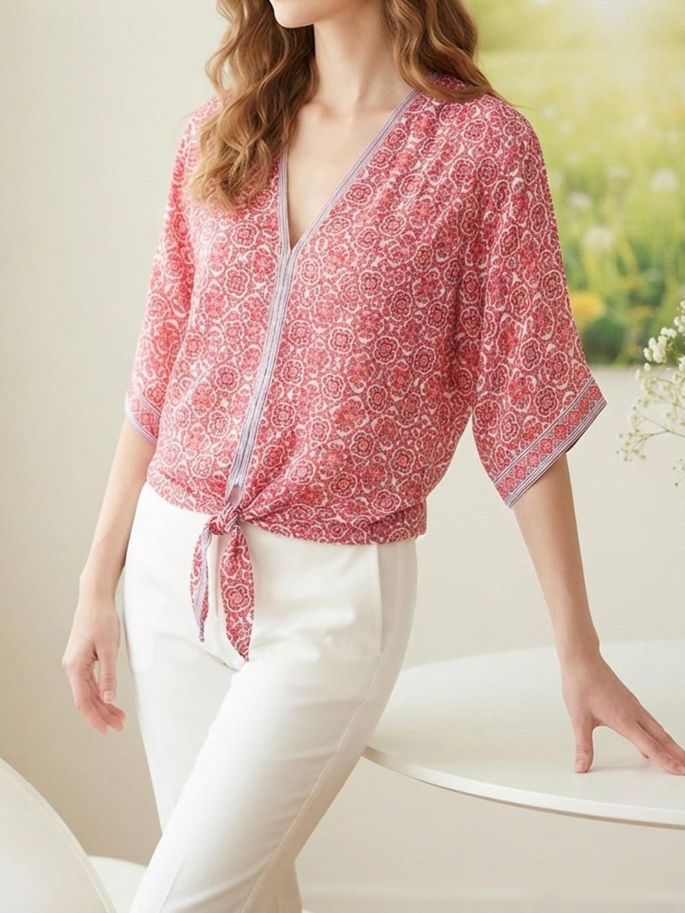 Max Studio Womens Small Red Blue Batik Flutter Sleeve Blouse Neck Top